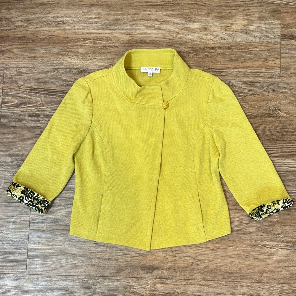 St. John Collection Lime Green Jacket with Animal Print Cuffs Women's Size 14